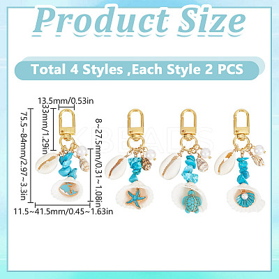 8Pcs 4 Styles Synthetic Turquoise Chip Bead and Shell Pendant Decorations HJEW-GO00212-1
