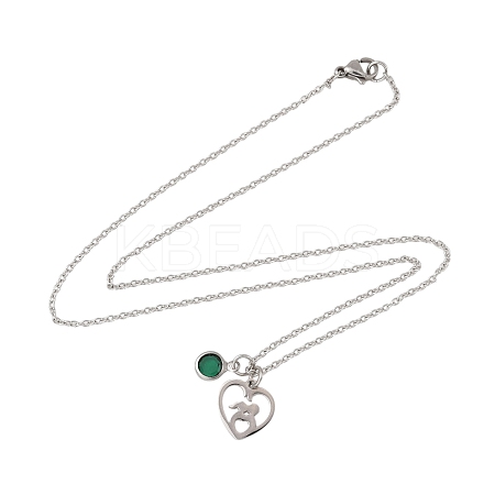 Valentine's Day 304 Stainless Steel & Green Glass Couple Heart Pendant Cable Chain Necklaces for Women NJEW-FS00014-01-1