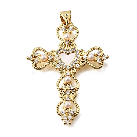 Brass Micro Pave Cubic Zirconia ABS Imitation Pearl Pendants KK-D328-03G-D-1