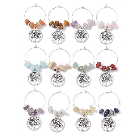12Pcs Flat Round with Tree of Life Alloy Pendants Wine Glass Charms Sets AJEW-JO00218-1