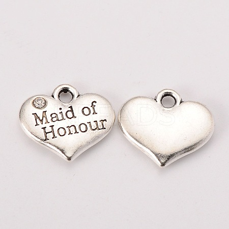 Wedding Theme Antique Silver Tone Tibetan Style Alloy Heart with Maide of Honour Rhinestone Charms X-TIBEP-N005-16A-1