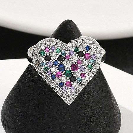 Heart Brass Micro Pave Cubic Zirconia Cuff Rings for Women RJEW-A069-12P-04-1