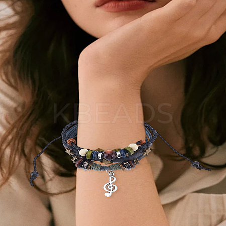 1Pc Leater Braided Multi-strand Bracelet with Alloy Musical Note Charms MUSI-LP0001-01B-1