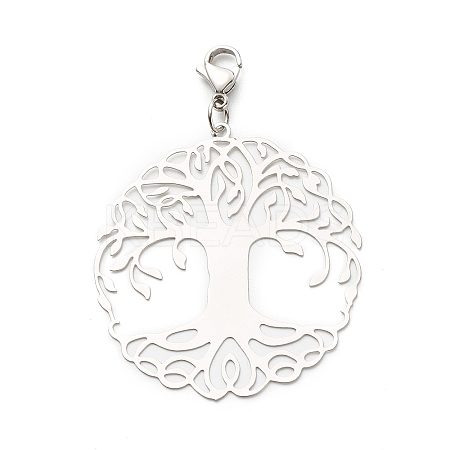 Tarnish Resistant Flat Round with Tree of Life 201 Stainless Steel Filigree Pendant Decorations LS-X-HJEW-JM00573-03-1