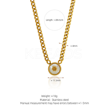 304 Stainless Steel & Natural White Shell Coin Pendant Curb Chain Necklaces for Women WG4C473-02-1