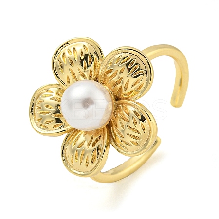 Flower ABS Plastic Imitation Pearl Beaded Open Cuff Ring RJEW-P106-01G-1