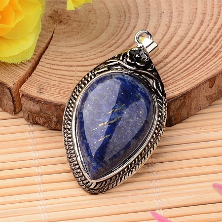 Teardrop Brass Natural Lapis Lazuli Pendants G-F265-04B-1