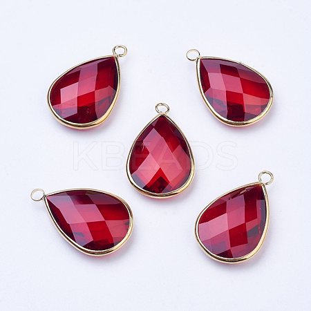 Golden Tone Brass Glass Teardrop Pendants X-GLAA-M006-A-09G-1