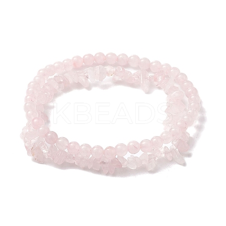Chip & Round Natural Rose Quartz Beaded Stretch Bracelets for Women BJEW-JB10189-08-1