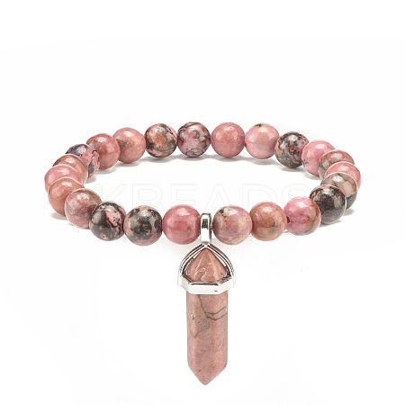 Natural Rhodonite Round Beaded Stretch Bracelet with Bullet Shape Charm BJEW-JB08310-01-1