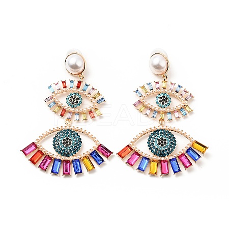 Rhinestone Double Evil Eye Dangle Stud Earrings with Acrylic Pearl Beaded LS-EJEW-J045-03A-KCG-1