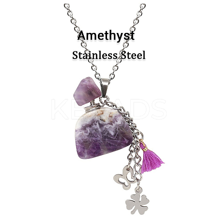 Natural Amethyst Perfume Bottle Pendant Necklace with Staninless Steel Butterfly Flower and Tassel Charms LS-BOTT-PW0002-072J-1
