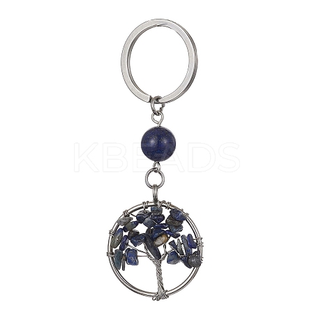 Natural Lapis Lazuli Chips Flat Round with Tree of Life Kcychain KEYC-JKC00563-01-1