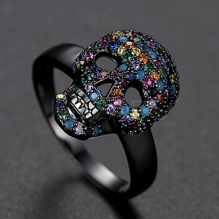 Cubic Zirconia Skull Finger Ring SKUL-PW0002-032A-02EB-1