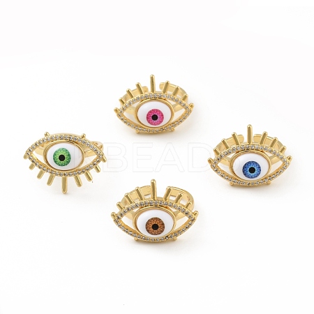Cubic Zirconia Sun with Evil Eye Open Cuff Ring with Enamel RJEW-B042-08G-1