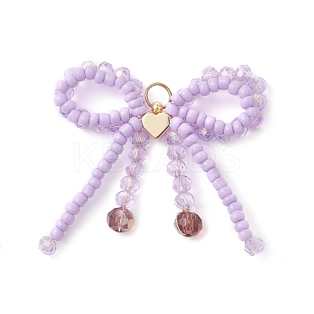 Glass Seed Beaded Bowknot with Heart Pendants PALLOY-MZ01162-03-1