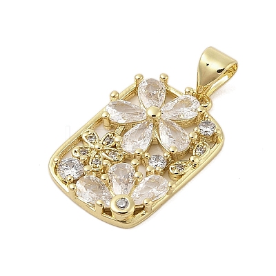 Rectangle with Flower Rack Plating Brass Micro Pave Cubic Zirconia Pendants KK-Z074-22G-1