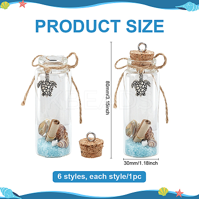 6Pcs 6 Styles Ocean Theme Column Glass Wishing Bottle Big Pendants AJEW-ME00013-1