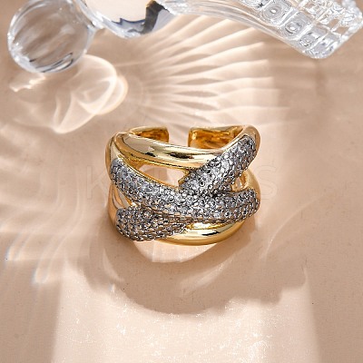 Brass Micro Pave Clear Cubic Zirconia Cuff Finger Rings for Women RJEW-C116-17G-1