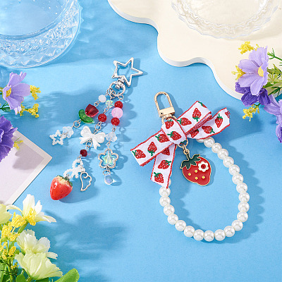 2Pc Strawberry Imitation Pearl and Acrylic Pendant Decorations HJEW-TA0001-38-1