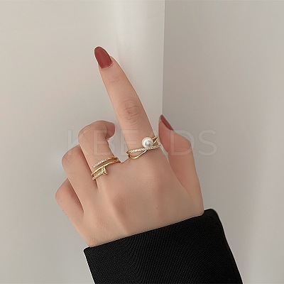 Criss Cross Brass Micro Pave Clear Cubic Zirconia with Plastic Imitation Pearl Cuff Rings FS-WG6C634-01-1-1