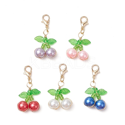 5Pcs 5 Colors Cherry Copper Wire Wrapped Glass Pearl Pendant Decorations HJEW-JM03024-01-S-1