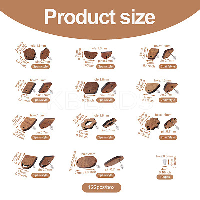 22Pairs 11 Style Walnut Wood Stud Earring Findings MAK-FW0001-01-1