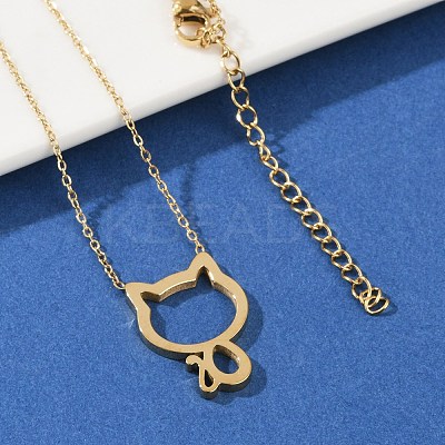 304 Stainless Steel Cat Outline Pendant Necklaces for Women NJEW-F339-03G-1