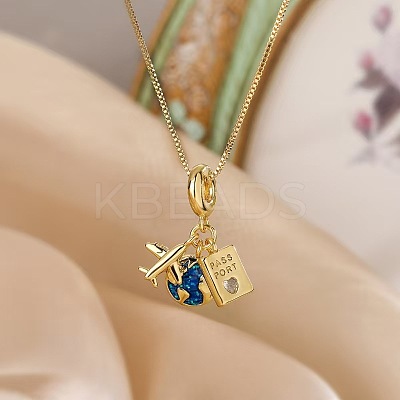 Airplane & Earth & Passport 304 Stainless Steel Micro Pave Clear Cubic Zirconia Pendant Necklaces FS-WG81D22-07-1