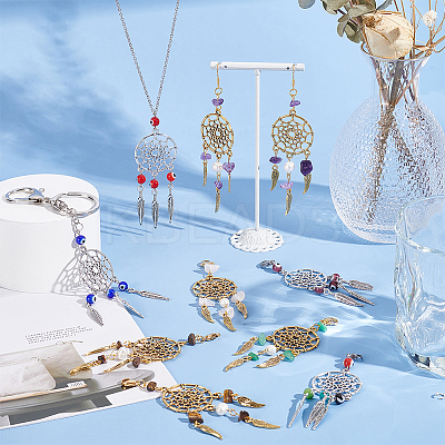 16Pcs 2 Style Woven Web/Net with Feather Alloy Pendant Decoration HJEW-NB0001-82-1