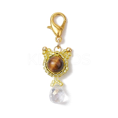 Natural Tiger Eye & Glass Seed Beaded Cat Pendant Decoration HJEW-MZ00157-03-1