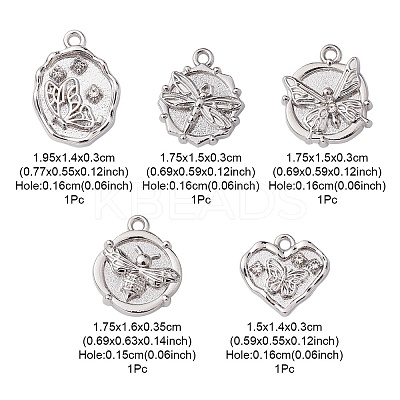 5Pcs 5 Styles Alloy Crystal Rhinestone Flat Round Pendants FIND-YW0003-58-1