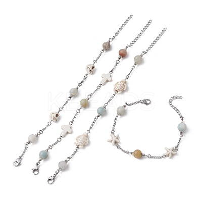 4Pcs 4 Style Natural Flower Amazonite & Synthetic Turquoise Beaded Link Chain Bracelets Set BJEW-JB09518-1