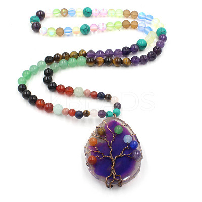Wire Wrap 7 Chakra Gemstone Tree of Life & Natural Agate Pendant Necklace PW-WG91792-04-1