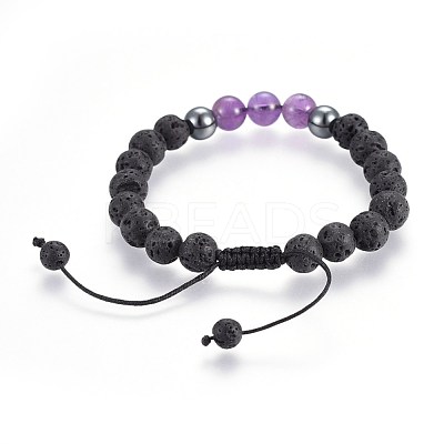 Natural Lava Rock and Non-Magnetic Synthetic Hematite Beads Braided Bead Bracelets BJEW-JB03975-01-1