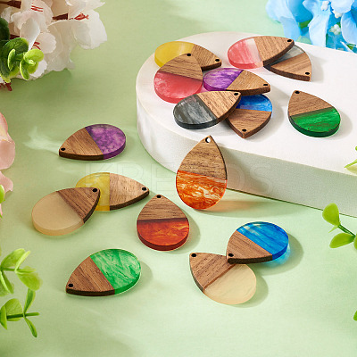 16Pcs 8 Colors Transparent Resin & Walnut Wood Pendants RESI-TA0002-66-1