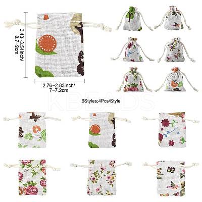 24Pcs 6 Colors Floral Animal Printed Burlap Packing Pouches ABAG-FS0001-13-1