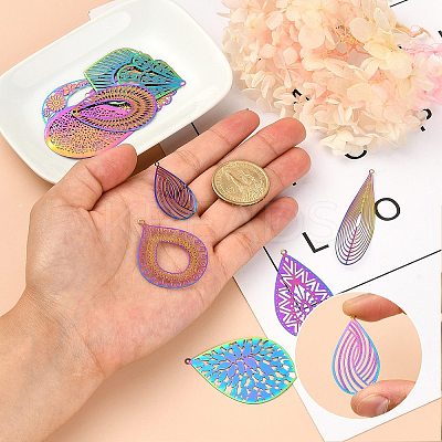 24Pcs 12 Style Ion Plating(IP) 201 Stainless Steel Filigree Pendants STAS-SZ0002-18-1