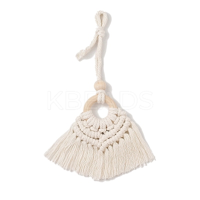Handmade Macrame Nylon Thread Pendant Decorations with Wood Beads HJEW-P019-03A-1