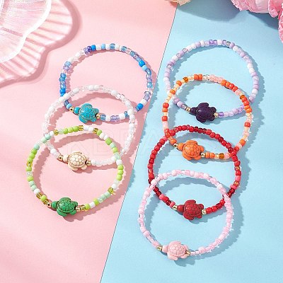 7Pcs Dyed Synthetic Turquoise & Electroplate Non-magnetic Synthetic Hematite Beads Stretch Bracelets BJEW-JB13428-1