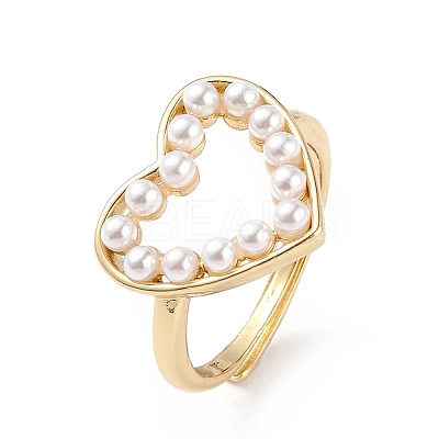 Plastic Pearl Hollow Out Heart Adjustable Ring RJEW-L100-012G-1