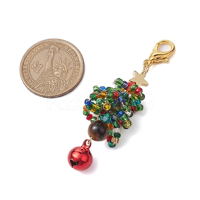 Christmas Tree Glass Seed Beads & Natural Tiger Eye Pendant Decorations HJEW-MZ00075-02-1