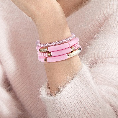 4Pcs 4 Style Acrylic Chunky Curved Tube Stretch Bracelet Sets BJEW-SW00074-04-1