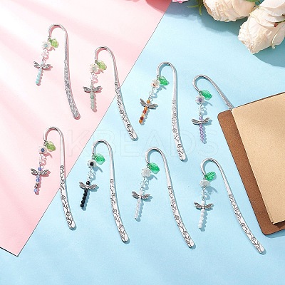 8Pcs Dragonfly Natural Gemstone & Alloy & Acrylic Flower Bookmarks AJEW-JK00400-1