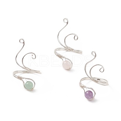 Gemstone Round Beaded Open Cuff Ring RJEW-JR00545-1