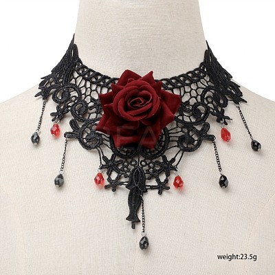 Gothic Alloy Glass Lace Rose Flower Statement Bib Choker Necklaces for Women FS-WGE10D6-03-1