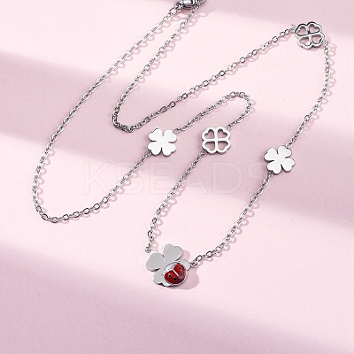 304 Stainless Steel FireBrick Enamel Ladybug Clover Link Chain Necklaces NJEW-R026-11P-1