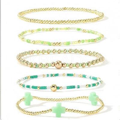 5Pcs 5 Styles Handmade Brass & Glass Beads Stretch Bracelet Set OI0028-6-1