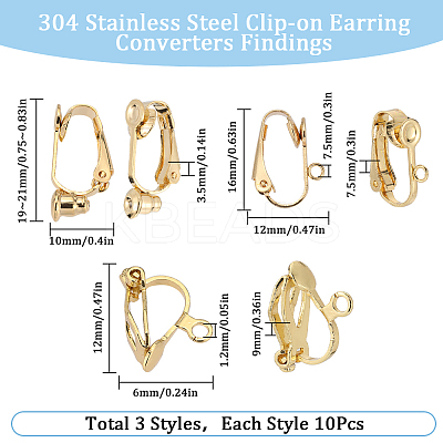 30Pcs 3 Styles 304 Stainless Steel Clip-on Earring Converters Findings STAS-SC0006-80-1