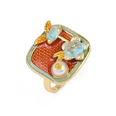 Brass Orange Red Enamel Flower Cuff Rings RJEW-C139-17D-G-1